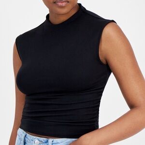 Black Sleeveless Ruched Funnel Neck Women's Top